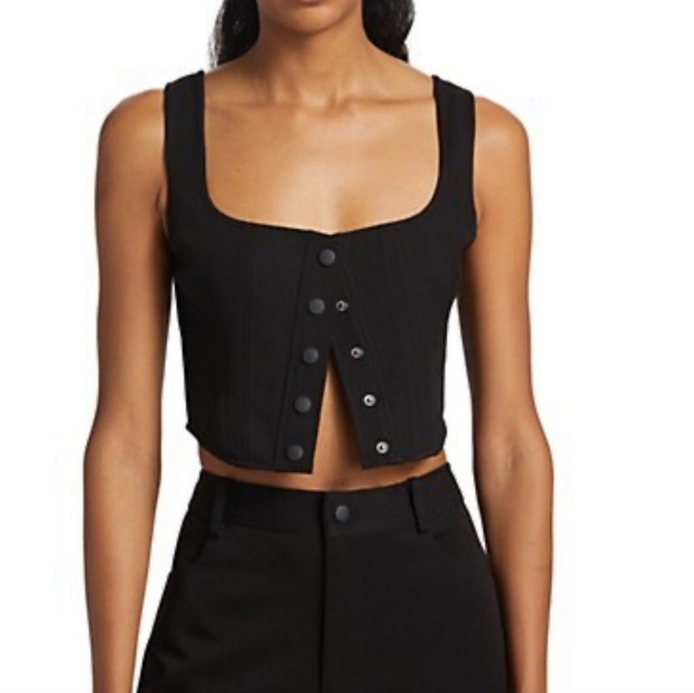Wayf Cora Cropped Corset Smocked Black Button-Front Top Women's Small